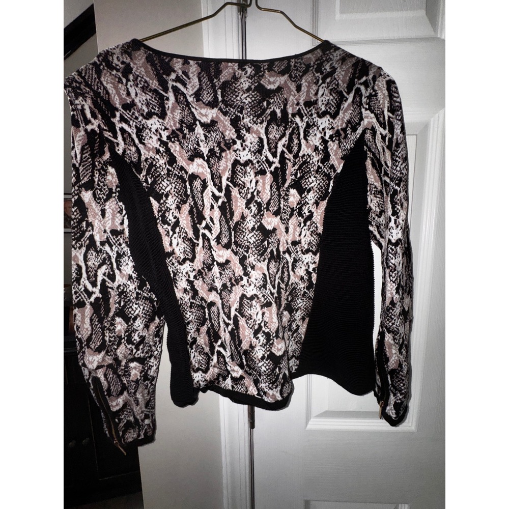 Cache Snakeskin Print Zip Front Cardigan Faux Leather Trim Black Tan Size L - Picture 7 of 7